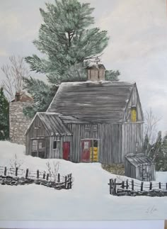 a painting of a barn in the snow