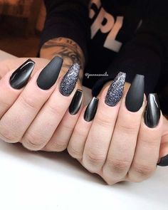 Black Jelly Nails Acrylic, Black Jelly Nails, Jelly Nails Acrylic, Sparkly Black Nails, Popular Nail Colors, White Coffin Nails, Glitter Accent Nails