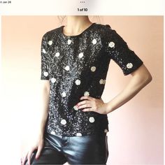 Nwt Gorgeous Black And White Sequins Cover This Entire Shirt. Short Sleeve And Fully Lined. 22 Long, 32 Bust And Waist, 34 Hips.. Black Sequined Tops For Spring, Black Sequined Summer Blouse, Chic Short Sleeve Sequined Blouse, Black Crew Neck Top With Sequins, Black Sequined Crew Neck Top, Chic Black Tops With Sequins, Chic Black Sequined Tops, Beige Crewneck, Eyelet Shirt