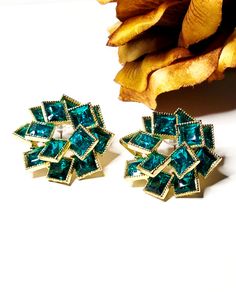 Teal green and gold earring studs with square shaped green rhinestones Chic Green Earrings For Gift, Trendy Green Crystal Earrings For Gift, Trendy Green Earrings For Evening, Glamorous Green Crystal Earrings, Gold Earring Studs, Large Stud Earrings, Teal Earrings, Earring Studs, Royal Jewelry