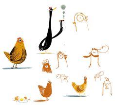 an image of chickens and roosters in different poses