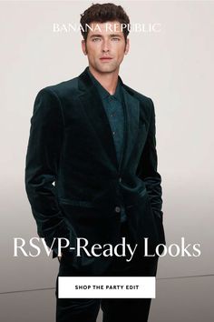 a man in a black suit and green shirt with the words rsvp ready looks