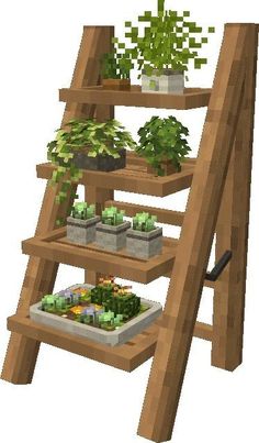 a wooden plant stand with plants on it and two shelves filled with potted plants