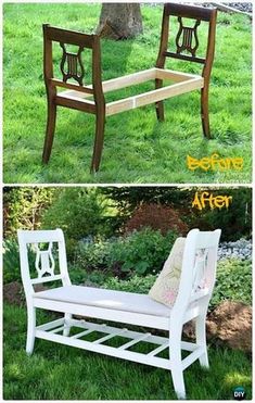 the before and after photos of an old bench that has been turned into a garden bench