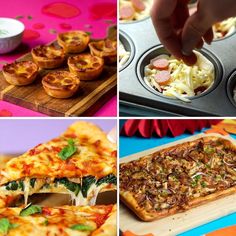 there are pictures of different food items in this collage, including pizzas and pies