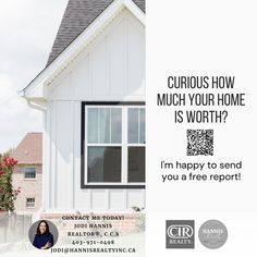 a white house with the words curious how much your home is worth? i'm happy to send you a free report