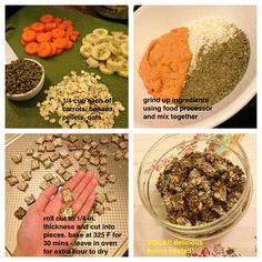 four pictures showing different types of food including carrots, bananas and granola mix together