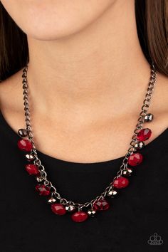 Featuring cloudy and glassy finishes, faceted red crystal-like beads swing from the bottom of a glistening gunmetal chain. Faceted gunmetal beads join the fiery beading, creating a flirtatious fringe below the collar. Features an adjustable clasp closure.

 Sold as one individual necklace. Includes one pair of matching earrings. Red Necklace, Paparazzi Accessories, White Rhinestone, Black Chain, Black Necklace, Red Crystals, Paparazzi Jewelry, Necklace Earring Set, Jewelry Party