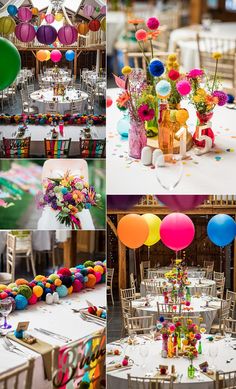 colorful balloons and tables with white linens