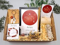 Surprise the special Aries in your life with this new Aries gift box! All items from the box are carefully selected to maximize the natural Aries energies and to bring balance in their mind and spirit. This zodiac set is the perfect birthday gift, but also you can take it for any other occasions or just to make someone happy! All items are cleaned with white Sage before being packed in the box so they can arrive to you with their original energies. Please, check below all item details  WHAT EACH Zodiac Sign Gifts, Aries Crystals, Virgo Crystals, Virgo Gifts, Virgo Birthday, Make Someone Happy, Aries Gifts, Aries Birthday, Magic Gift