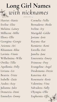 long girl names with nicknames on the front and back cover, in black ink