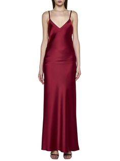 Blanca Vita Red Dress Fitted Long Dress In Bias Cut, Fitted V-neck Slip Dress For Gala, Fitted Long Dress With Bias Cut, Classic V-neck Dresses For Gala, Elegant Lined Satin Maxi Dress, Lined Satin Dress For Gala, Satin Gala Dress Lined, Silk V-neck Bias Cut Gown, Silk Bias Cut V-neck Gown