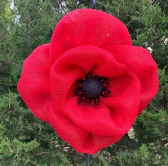 a large red flower with black center surrounded by trees