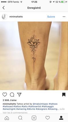 a person's foot with a flower tattoo on the side of their leg, and an instagram page below