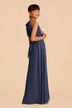 This high-neck halter dress is a dress she can wear again, to the middle school dance or as a wedding guest. Available in Slate Blue. This halter-neck dress is great for a junior bridesmaid on her way to a formal wedding. Pair this stylish junior look with our Kiko or Monica bridesmaid dresses. | Slate Blue Bridesmaid Dress Chiffon Size Medium | Birdy Grey Sienna Junior Slate Blue Bridesmaid Dresses, High Neck Halter Dress, Middle School Dance, Bridesmaid Dress Chiffon, Junior Dress, High Neck Halter, Birdy Grey, School Dance, Dress Chiffon