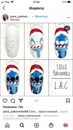 Lilo And Stitch Christmas Nails, Stitch Nails Christmas, Nail Art Stitch, Stitch Christmas Nails, Christmas Stitch Nails, Olaf Nails Designs, Stitch Nail Art, Step By Step Christmas Nail Art, Stitch Nails