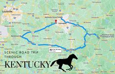 a map with a horse on it and the words scenic road trip through kentucky written in black