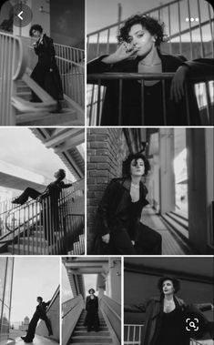 black and white photo collage with people on stairs, woman leaning against railings