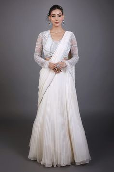 Ivory pleated lehenga saree skirt with an attached cancan. Comes with fully hand embroidered tulle padded blouse with crystals, cutdana, sequins and a drape. - Aza Fashions Saree Skirt, Pleated Lehenga, Padded Blouse, Lehenga Saree, Embroidered Tulle, Blouse For Women, Saree With Blouse, Skirt Pattern, Embroidered Blouse