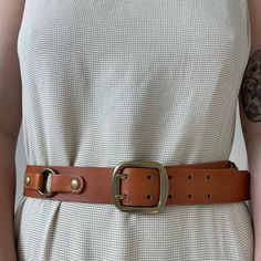 Womens Brown Leather Brass Buckle Minimalist Hippie Modern Equestrian Belt Sz L **NOT VINTAGE** Unbranded  Color: brown  Material: leather  Brass colored hardware (not stamped "solid")  Excellent gently used condition  Modeled on a medium/size 6/ 5 foot 7/ 140lbs/ 34 C/ 28" inch waist   Length: 38"  Width: 1.5"  Length to first notch: 31"  Length to last notch: 34" Brown Belt With Brass Hardware For Everyday, Brown Belt With Buckle For Everyday Use, Brown Belt With Antique Buckle For Everyday Use, Brown Belts With Brass Buckle For Everyday, Classic Brown Belt With Brass Hardware, Vintage Brown Belt For Everyday, Brown Belt With Brass Buckle For Everyday, Casual Brown Belt With Brass Buckle, Brown Leather Belt With Brass Hardware