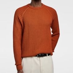 Zara Men’s Size Large Burnt Orange / Tan Color Ribbed / Knitted Pullover Sweater Nwt Brown Knit Sweater With Ribbed Neckline, Casual Ribbed Wool Sweater, Casual Brown Sweater With Ribbed Neckline, Zara Fall Sweater With Ribbed Cuffs, Zara Sweater With Ribbed Cuffs For Fall, Brown Cotton Ribbed Sweater, Zara Casual Sweater With Ribbed Cuffs, Casual Zara Sweater With Ribbed Cuffs, Casual Ribbed Brown Sweater