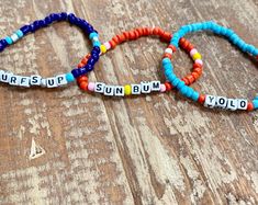 YOLO | Sun Bum | Surfs Up Beaded Mini Letter Bracelet| seed bead bracelet| surfing bracelet| friendship stackable bracelet| saying bracelet Beaded Letter Bracelets, Bracelet Sayings, Letter Bracelets, Summer Choker, Anklets Boho, Sun Bum, Seed Bead Bracelet, Jewelry Words, Bracelet Friendship