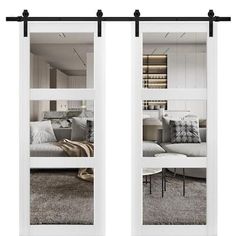 two white sliding doors open to reveal a living room with couches and bookshelves