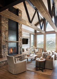 a living room filled with furniture and a fire place in the middle of a room