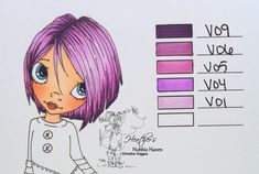 a drawing of a girl with purple hair and blue eyes