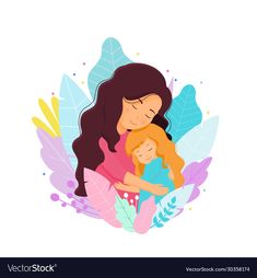 a woman holding a child in her arms surrounded by leaves and flowers royalty illustration on white background