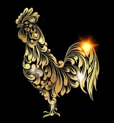 a golden rooster on a black background