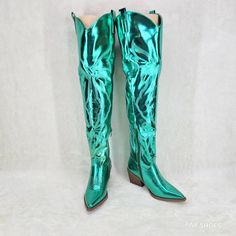 Fitted Knee-high Boots For Fall Festival, Fitted Boots For Fall Festival, Western Fitted Knee-high Boots, Fitted Knee-high Boots For Festival, Fitted Heeled Boots For Fall Festival, Fitted Green Snip Toe Boots, Fitted Green Winter Boots, Green Fitted Winter Boots, Western Style Knee-high Party Heeled Boots