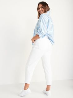 Slouchy Straight--our most relaxed fitting jeans ever.  Comfy like dad's but waaaay cooler  Straight mid-rise waistband, with button closure and built-in belt loops.  Hidden button-fly.  Riveted scoop pockets and coin pocket at front; patch pockets a Fitting Jeans, White Lilies, Tapered Jeans, Crop Jeans, Petite Size, White Jeans, Mid Rise, Coin, Pants