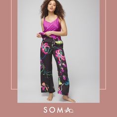 These dreamy wide-leg pajama pants feature a flowy silhouette and luxuriously smooth fabric. We collaborated with artist Sarah Gordon to bring you beautiful, botanical prints. Inspired by a lush tropical garden, her painted pieces display exotic birds, vibrant flora, and even a hidden gecko. Sarah hopes you feel the joy and optimism of nature through her art. Style these wide-leg pants with our collection of stunning satin separates. Details Wide-leg silhouette Drawstring waistband Functional si Sarah Gordon, Soma Intimates, The Vanishing, Exotic Birds, Tropical Garden, Sleepwear Pajamas, Gecko, Drawstring Waistband, Botanical Prints