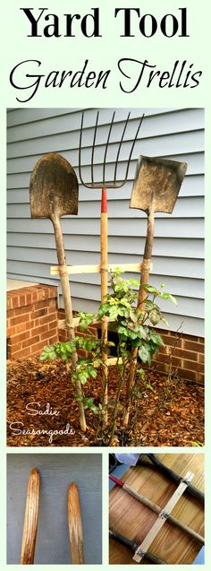 an image of garden tools that are in the ground and on top of each other