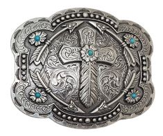 Add a touch of Western charm to your wardrobe with the Feather Cross Belt Buckle. Featuring a beautiful combination of Feathers, Arrows, and 5 Turquoise stones placed just right, this antique silver buckle measures 3 tall by 4 wide and is perfect for Cowboy Church. Whether you visit our retail store in Smyrna, TN or shop online, don't miss the chance to add this unique piece to your collection. Cute Belt Buckles Women, Cross Belt Buckle, Belt Buckles Cowgirl, Ffa Emblem, Cowgirl Belt Buckles, Country Wallpaper, Cross Belt, Western Fits, Western Stuff