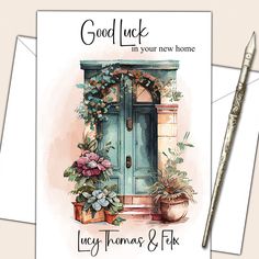 a greeting card with an illustration of a blue door and potted plants