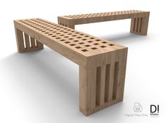 two benches made out of wood with perforated slats on each side and one bench at the end