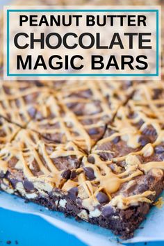 peanut butter chocolate magic bars on top of a blue plate with the title above it