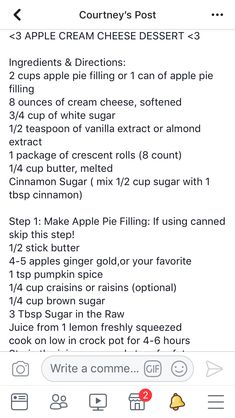 an iphone screen showing the recipe for apple cream cheese dessert - 3 ingredients and directions