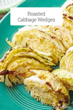 roasted cabbage wedges on a blue plate with text overlay that reads roasted cabbage wedges