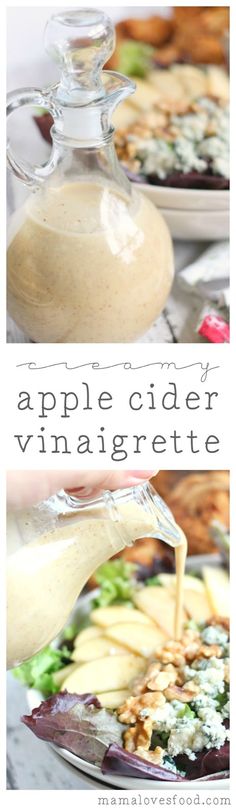 an apple cider vinaigrette is being poured into a glass dish with apples in the background