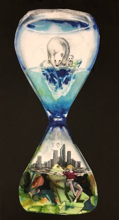 an hourglass with a painting of people and animals in it's bottom half