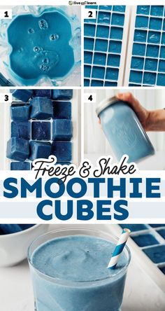 blue smoothie with text overlay that says free and shake smoothie cubes