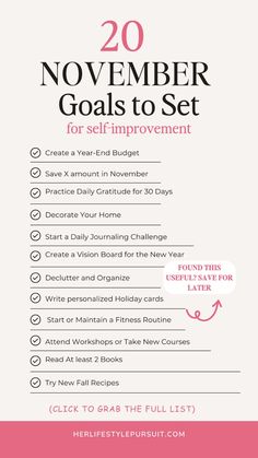 a pink and white flyer with the words, 20 november goals to set for self improvement