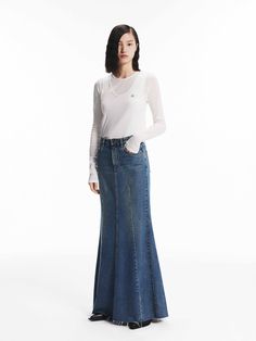 MO&Co. Women's Denim Mermaid Maxi Skirt This denim maxi skirt is made from premium cotton. It's detailed with vertical seams that create a paneled effect and has an exaggerated flared hem. Wear it with a simple top for a chic look. Features : - Flared maxi silhouette- Button and zip closure- Five-pocket design Code: MBD3SKTT06The back length of size S is 98cmMATERIALS & CARE Material: 100% CottonPlease put it into a mesh bag to wash.Denim products have slight fading, which is normal.REMINDER: Al Fishtail Denim Skirt, Jean Skirt Maxi, Fitted Full Length Maxi Skirt In Medium Wash, Fitted High Rise Cotton Maxi Skirt, Fitted Cotton High Rise Maxi Skirt, Fitted Denim Blue Maxi Skirt, High Rise Fitted Cotton Maxi Skirt, Fitted Long Skirt With Frayed Hem, Fitted Skirt With Frayed Hem