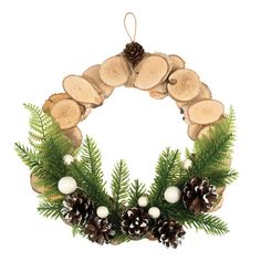 a wreath with pine cones and white balls