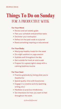 🎀 Make the most of your Sunday with our list of things to do for a productive week! These actionable tips will help you organize, plan, and set yourself up for success in the coming days. From meal prepping to scheduling your week, these ideas ensure a smooth and productive start to your week. Transform your Sundays into a powerful tool for boosting your productivity and achieving your goals! 🎀 Sunday planning, weekly organization, productivity tips, time management, goal setting, meal prep ideas, weekend routines, efficient scheduling, stress-free planning, lifestyle hacks. 10 Week Challenge, Things To Be Productive, How To Plan A Week, Creating Routines Daily Schedules, How To Start Afresh In Life, Sunday Things To Do, Weekly Goal Ideas, 6 Month Life Plan, Weekly Prep Checklist