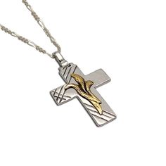 Christening Cross 925 Sterling Silver with 14k Gold Elements (STS-04) Christening, Hand Made, 925 Sterling Silver, Sterling Silver, Chain, Silver, Gold, Color