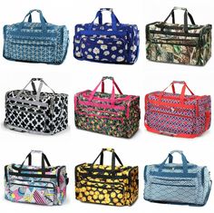 22" Fashion Print Large Duffel Zipper Gym Dance Cheer Carry On Travel Duffle Bag Fashionable eye-catching duffle bag features a zippered U-top for ease of hand entrance to pack all those essentials, 2 zippered pockets on the ends, and a large front zipper pocket. Great for carry on travel, or team events, this multi-purpose duffel is made of heavy-duty polyester which can be easily wiped clean. Padded Handle makes carrying without digging into the hand. An adjustable shoulder strap features a no Gym Dance, Carry On Travel, Travel Duffle Bag, Travel Duffle, Duffle Bag Travel, Team Events, Weekender Bag, Fashion Prints, Front Zipper